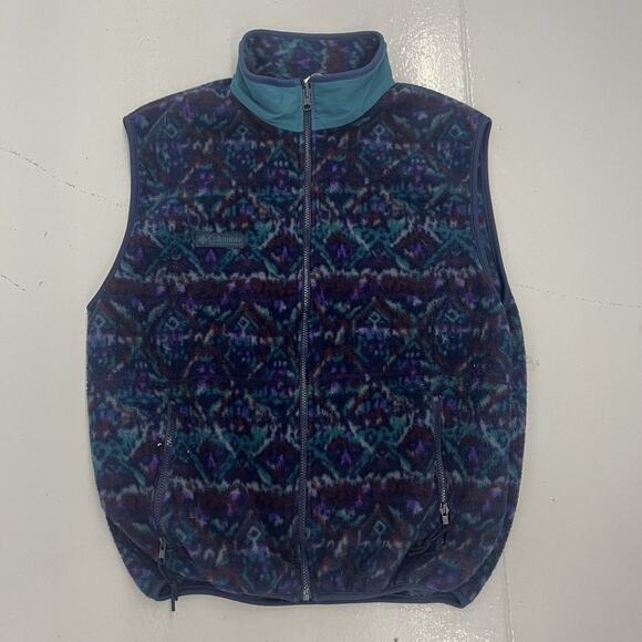 Vintage 90s Columbia Blue Pattern Fleece Vest - Picture 1 of 3
